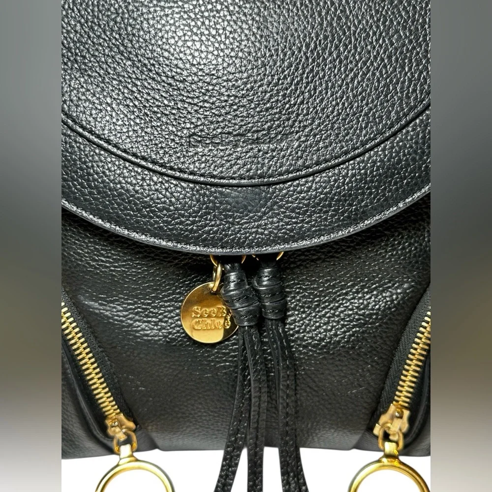 See By Chloe Olga Large Leather Black Backpack with Gold Accents